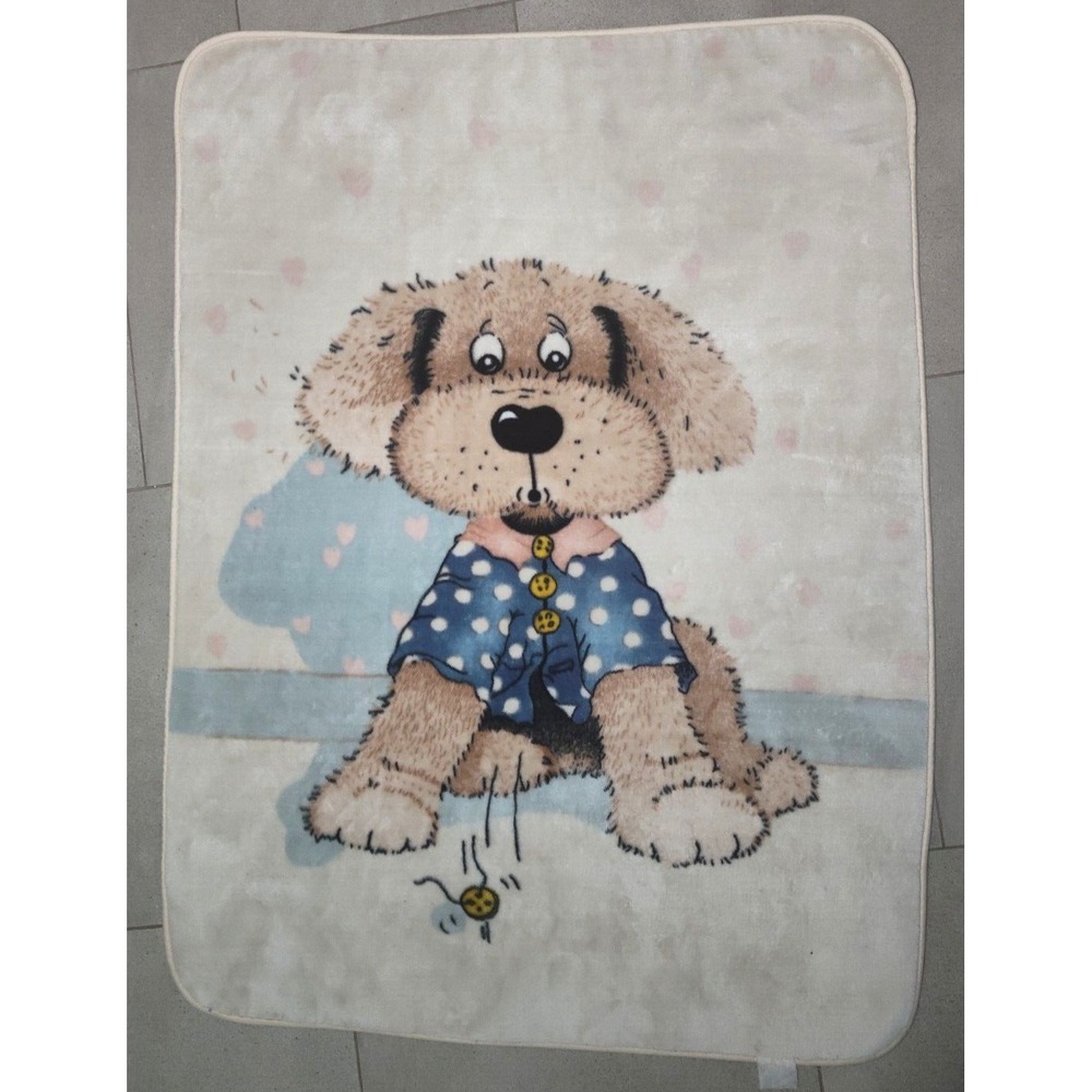 Vtg‎ Puppy Dog Missing Button Blanket Plush Thick Beige Hearts 40x60